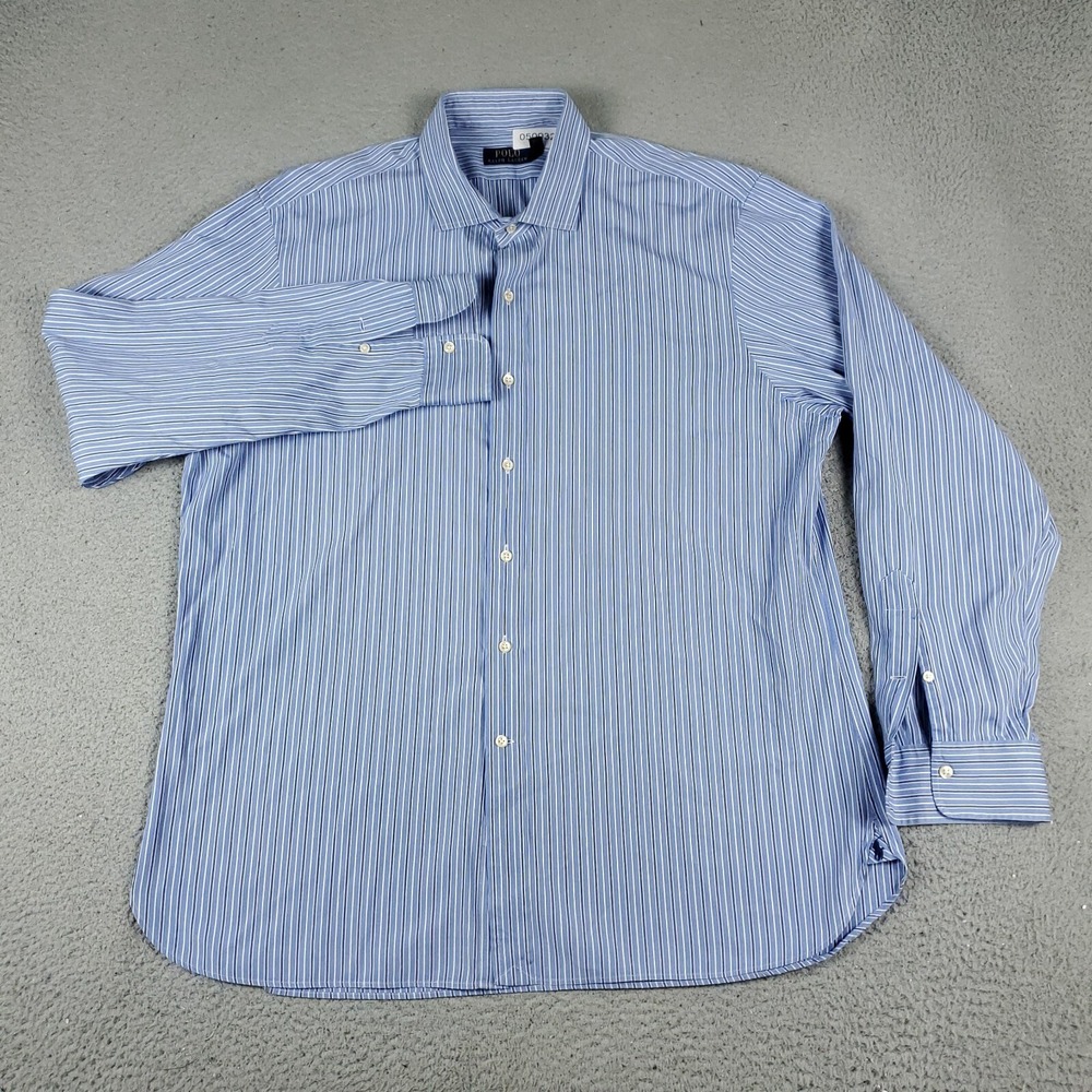 Ralph Lauren Shirt Mens 17.5 Blue Striped Dress Button Up Long Sleeve *